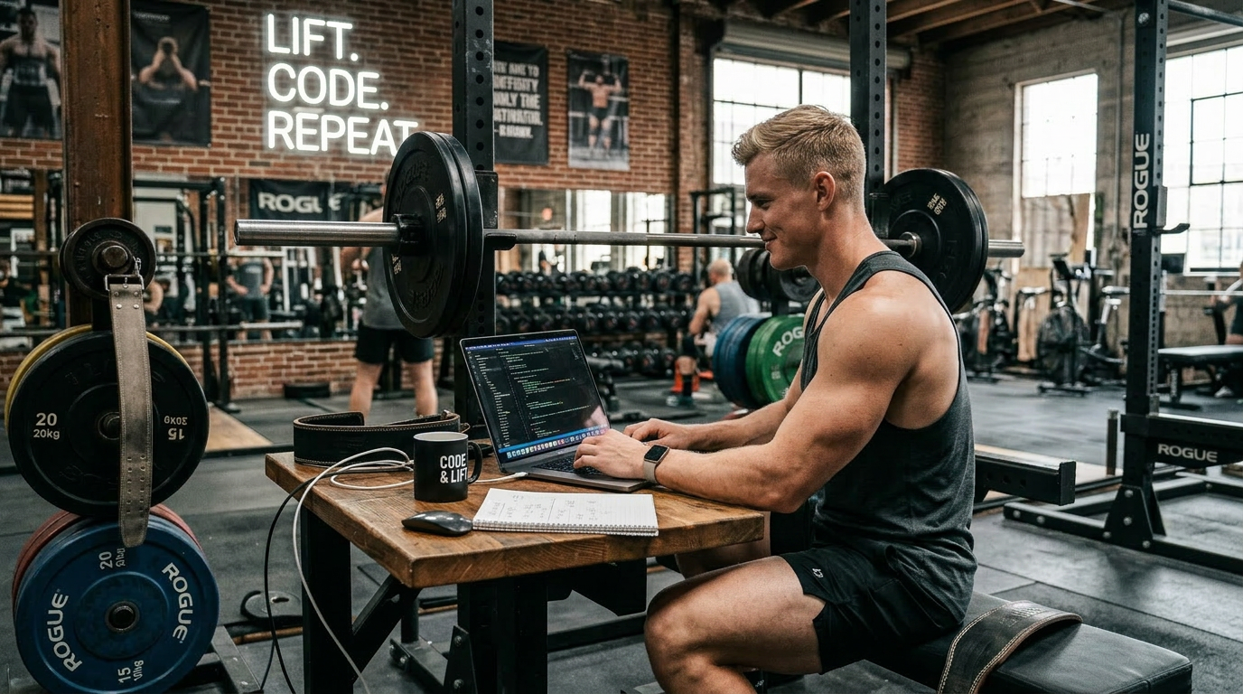 Woman coding on laptop in gym near weightlifting bench